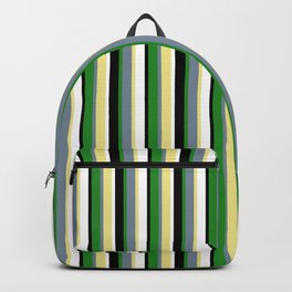 [ Thumbnail: Eyecatching Tan, Light Slate Gray, Forest Green, Black, and White Colored Lined/Striped Pattern Backpack ]