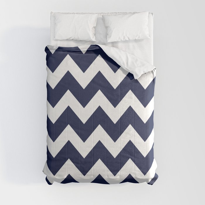 Navy Blue Chevron Zigzag Minimal Line Drawing Comforter