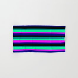 [ Thumbnail: Colorful Dark Cyan, Green, Magenta, Blue, and Black Stripes/Lines Pattern Hand & Bath Towel ]