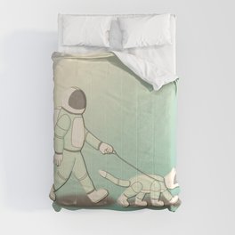 Astronaut walking dog in minimalist style with light yellow and green colors Comforter