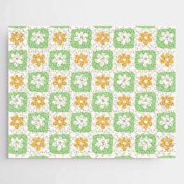 Hand-Drawn Checkered Flower Pattern (Pastel Green & Orange Colors) Jigsaw Puzzle