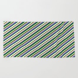 [ Thumbnail: Colorful Dark Olive Green, Tan, Slate Blue, Dark Green, and White Colored Lines/Stripes Pattern Beach Towel ]