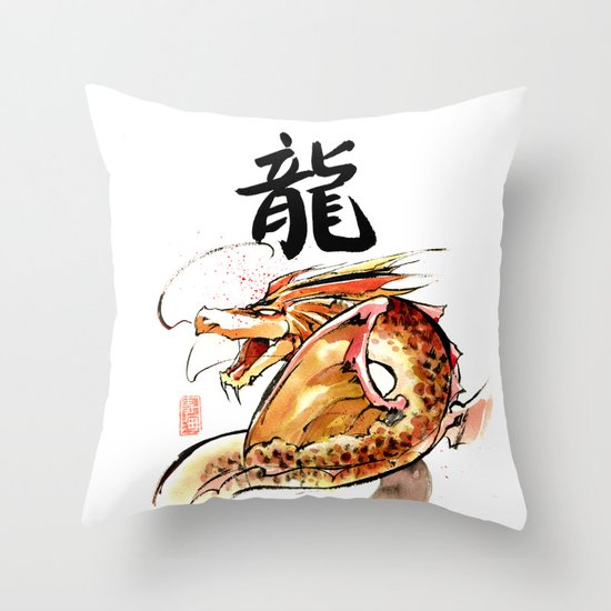 Golden Dragon Japanese Sumie style Throw Pillow