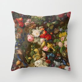 Dark Baroque Garden with Birds - Lush Floral & Animal Pattern Throw Pillow