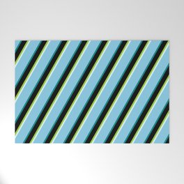 [ Thumbnail: Eye-catching Green, Light Cyan, Sky Blue, Teal & Black Colored Stripes/Lines Pattern Welcome Mat ]