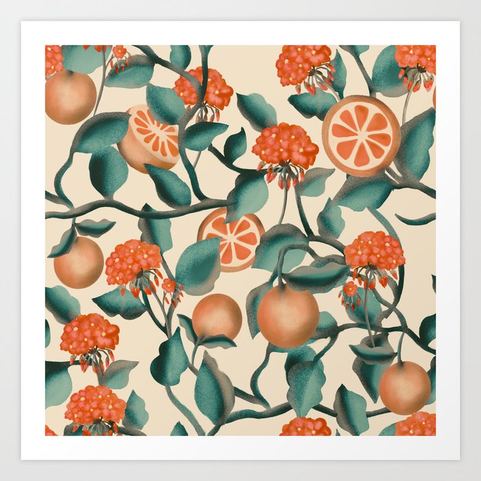 Oranges and geraniums  Art Print
