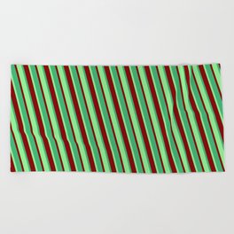[ Thumbnail: Light Green, Maroon & Sea Green Colored Stripes/Lines Pattern Beach Towel ]