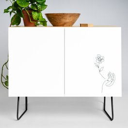 Contour Line Art Hand and Flower Natural Credenza