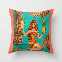 Tiki Island Girl with Pineapples Throw Pillow