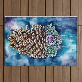 Pine cone and succulents, blue and green flowers, watercolor painting Outdoor Rug