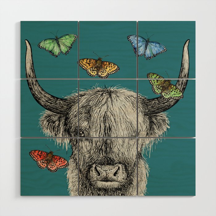 Heather the Highland Cow, Butterflies, pen and ink illustrations, blue Wood Wall Art
