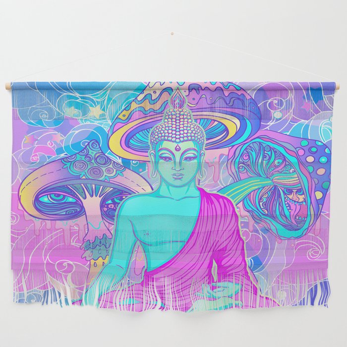 Sitting Buddha among psychedelic Mushrooms Wall Hanging