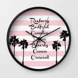 Beverly Hills Street Names Palm Trees Pink Stripes Wall Clock