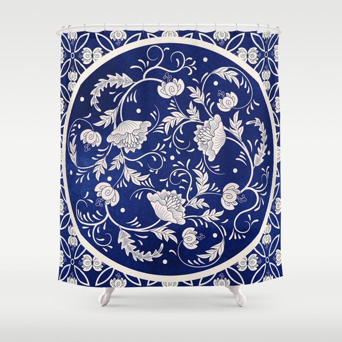 vintage background. Beautiful floral round pattern in chinese style. Simple delicate decor. Imitation of chinese porcelain painting. Blue watercolor background. Hand drawing.  Shower Curtain