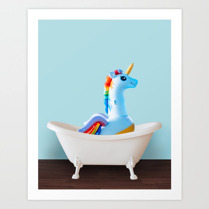 Playing unicorn horse in bathtub Art Print