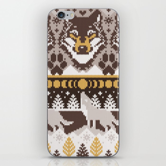 Fair isle knitting grey wolf // oak and taupe brown wolves yellow moons and pine trees iPhone Skin