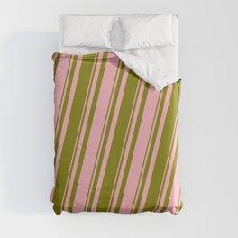 [ Thumbnail: Green and Light Pink Colored Striped Pattern Duvet Cover ]