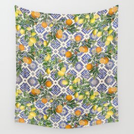 Sicilian Citrus, Mediterranean tiles & vintage lemons & orange fruit pattern Wall Tapestry