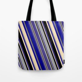 [ Thumbnail: Dark Gray, Dark Slate Blue, Dark Blue, Tan, and Black Colored Striped Pattern Tote Bag ]