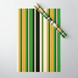 [ Thumbnail: Goldenrod, Beige, Black & Forest Green Colored Striped Pattern Wrapping Paper ]
