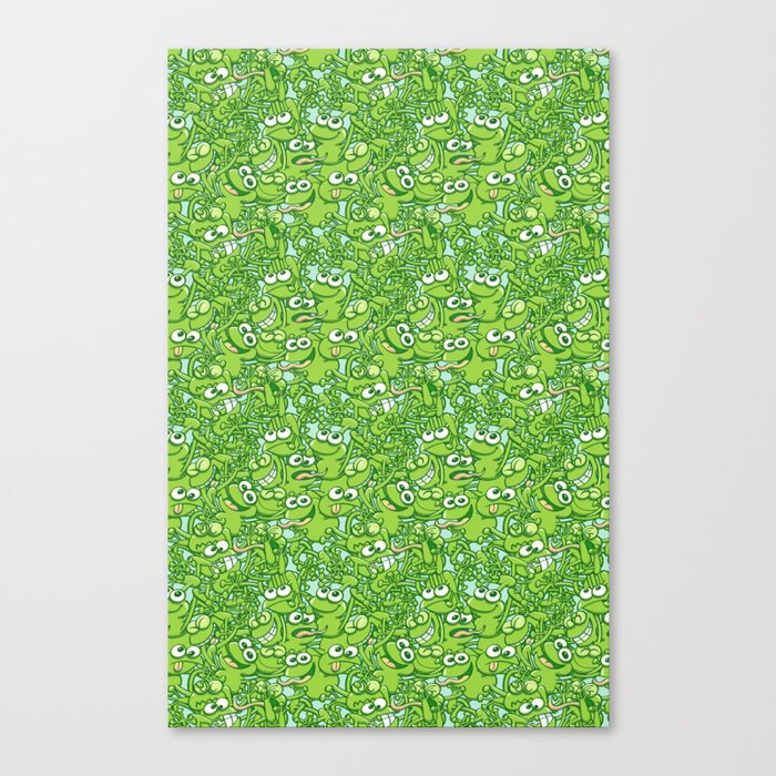 Funny green frogs entangled in a messy pattern Canvas Print
