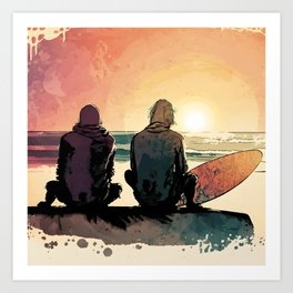 Surfers at Sunset Art Print