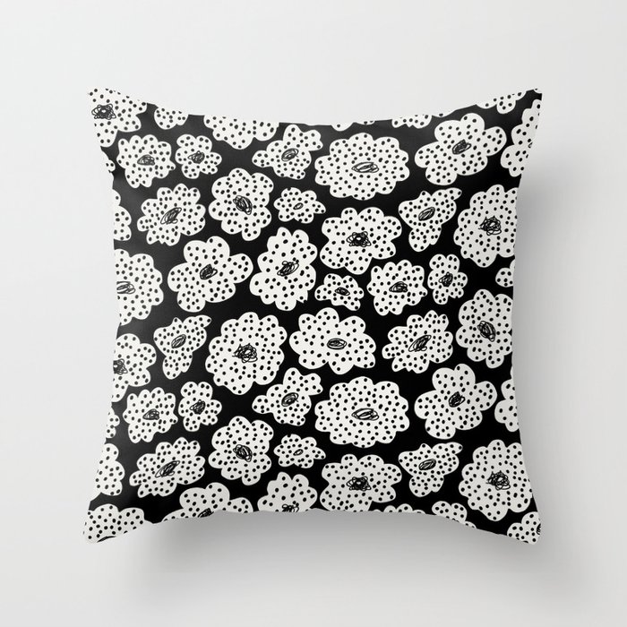 Spotted modern floral on black Throw Pillow