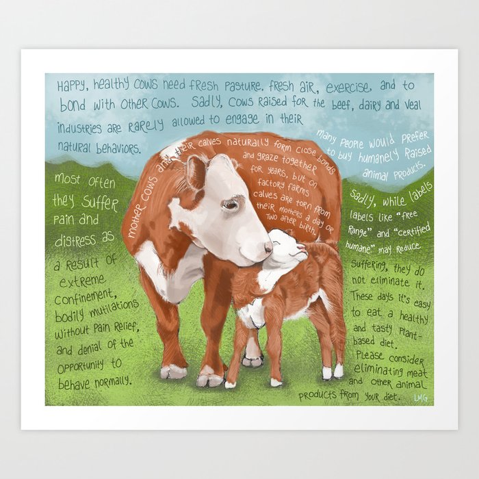 Cows 2-Hereford Art Print | Painting, Digital, Watercolor, Ink, Mother's-day, Cows, Calf, Farm, Animal-welfare, Animal-rights