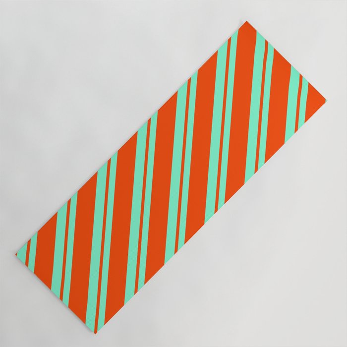Aquamarine and Red Colored Stripes Pattern Yoga Mat