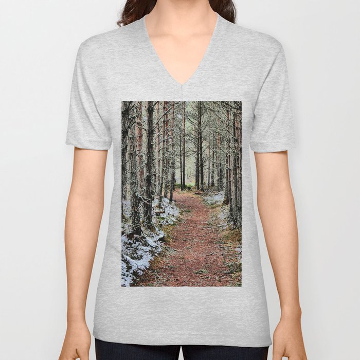 Scottish Highlands Frozen Nature Walk Through the Pine Trees in I Art  V Neck T Shirt