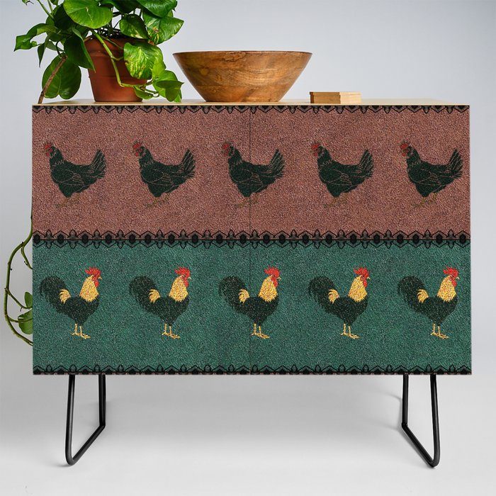 Rooster and Hen in Velvety Rustic Pattern Credenza