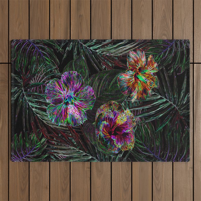 TROPICAL LEAFS WITH HIBISCUS Outdoor Rug