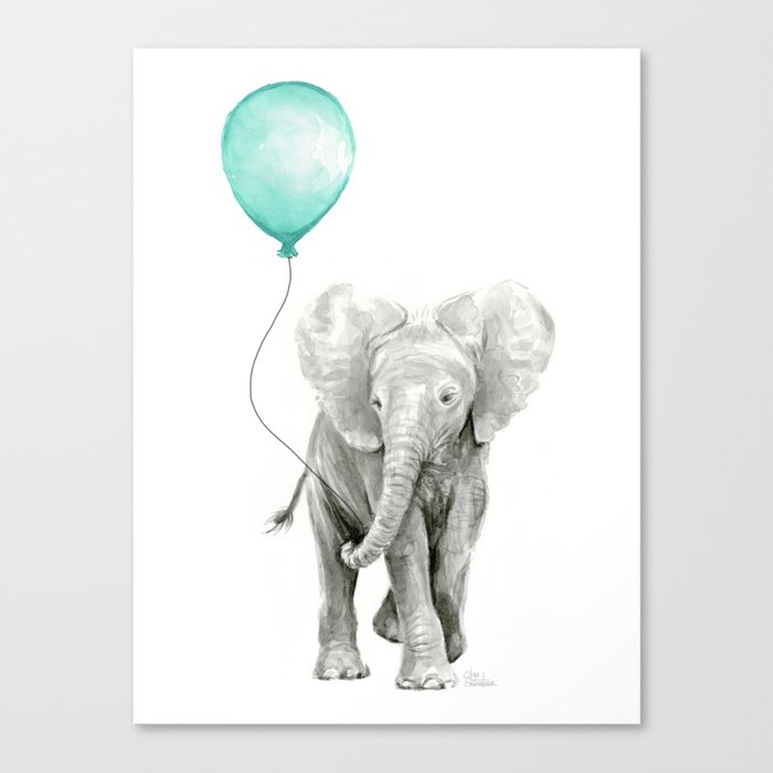 Baby Elephant with Aqua Balloon Canvas Print