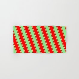 [ Thumbnail: Red & Light Green Colored Lined Pattern Hand & Bath Towel ]