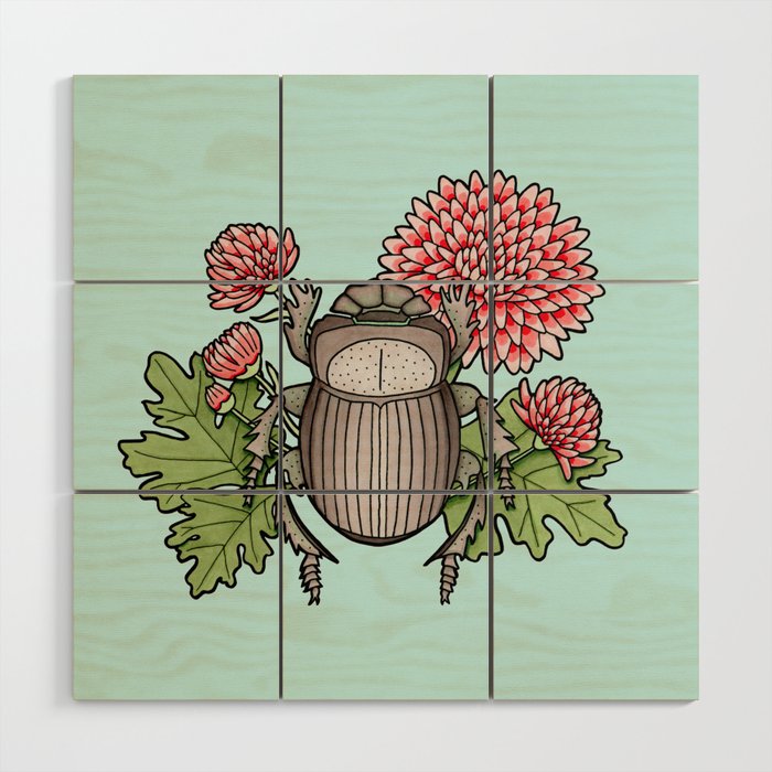 Beetle with Chrysanthemum - Blue Wood Wall Art