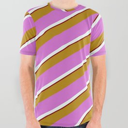 [ Thumbnail: Dark Goldenrod, Orchid, Mint Cream & Maroon Colored Lines Pattern All Over Graphic Tee ]