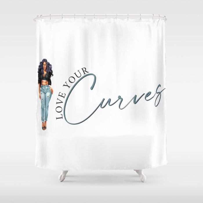 Love Your Curves Body Positivity Design - Curvy Girl Purple Hair Curved Text Shower Curtain