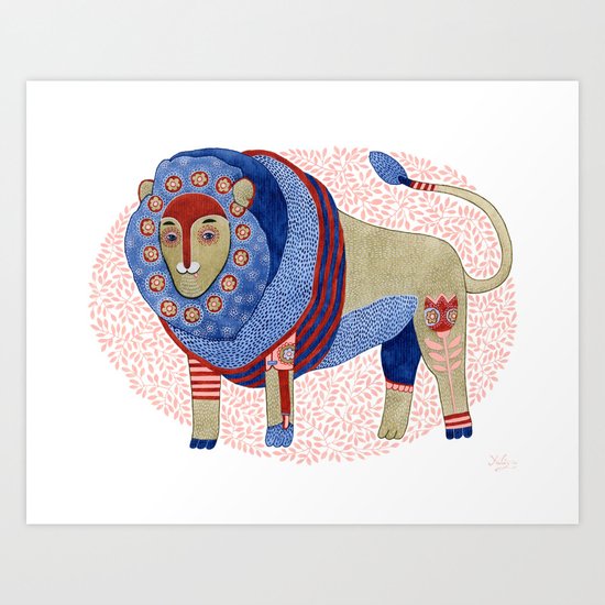 Blue Floral Lion Art Print