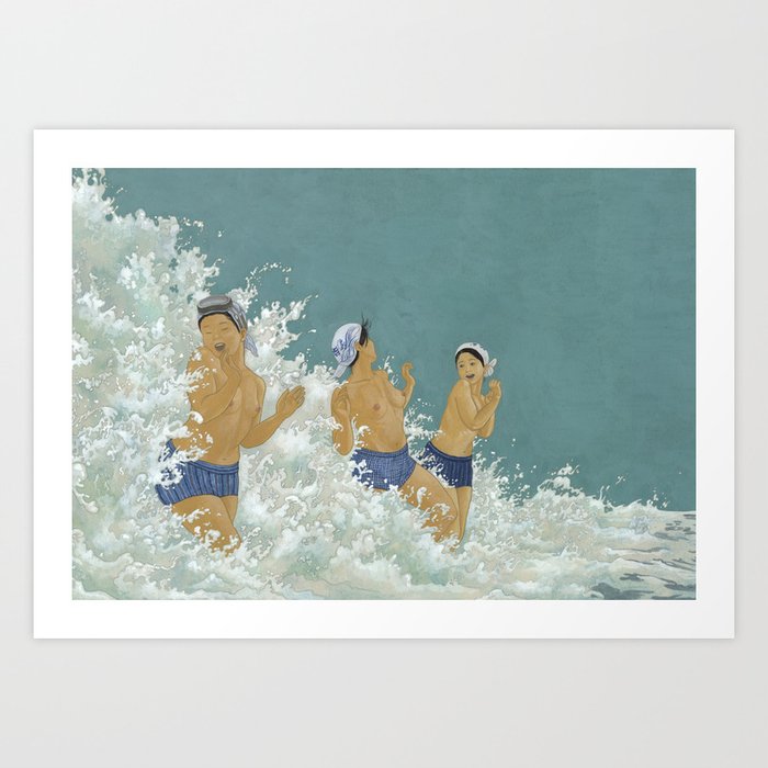 Three Ama Enveloped In A Crashing Wave Art Print