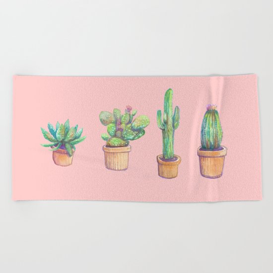 pink four cactus Beach Towel