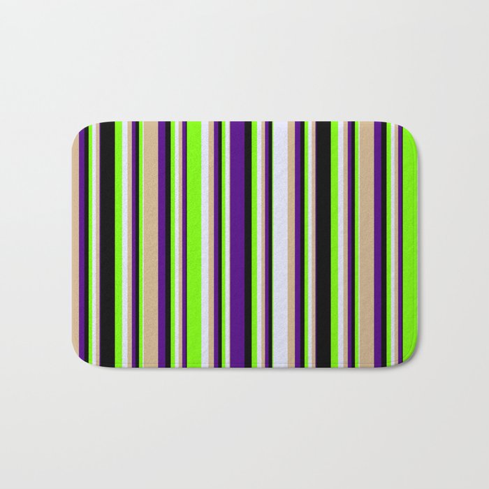 Eyecatching Indigo, Tan, Lavender, Green & Black Colored Lines/Stripes Pattern Bath Mat