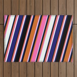 [ Thumbnail: Chocolate, Hot Pink, Mint Cream, Midnight Blue & Black Colored Lines/Stripes Pattern Outdoor Rug ]