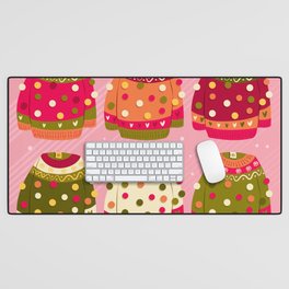 Collection of six cute vibrant hand drawn sweaters with winter decoration and pom-poms. Colorful holiday vector illustration. Desk Mat