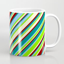 [ Thumbnail: Light Sky Blue, Green, Light Yellow, Dark Red, and Teal Colored Lined/Striped Pattern Coffee Mug ]