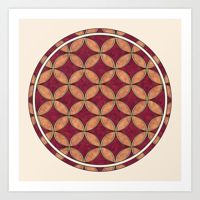 Beige and dark red geometric pattern, retro circle Art Print