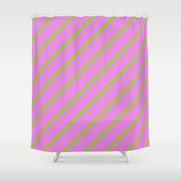 [ Thumbnail: Violet and Green Colored Lines/Stripes Pattern Shower Curtain ]