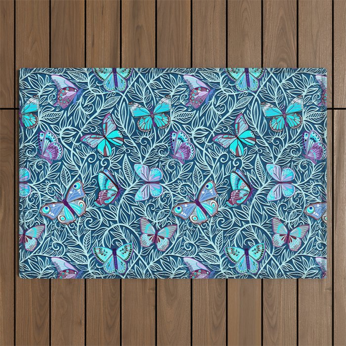 Butterfly Art Nouveau in Dark Blue and Purple Outdoor Rug