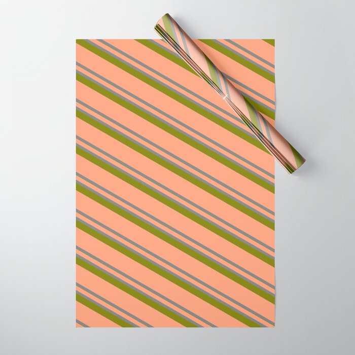 Light Salmon, Grey & Green Colored Lined/Striped Pattern Wrapping Paper