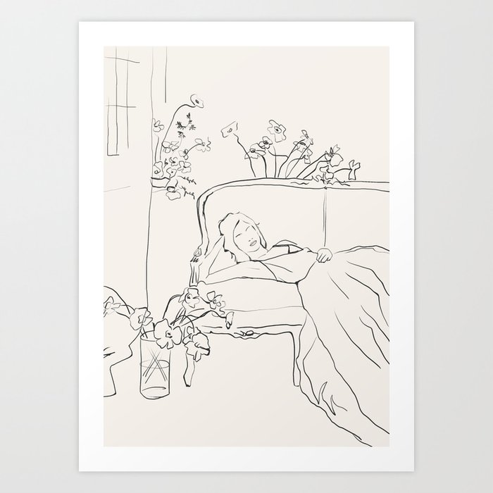 girl surrounded by flowers sketch art Art Print
