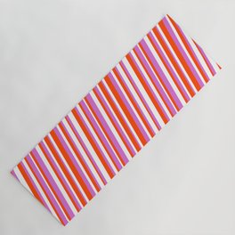 [ Thumbnail: Red, Orchid & White Colored Lined/Striped Pattern Yoga Mat ]